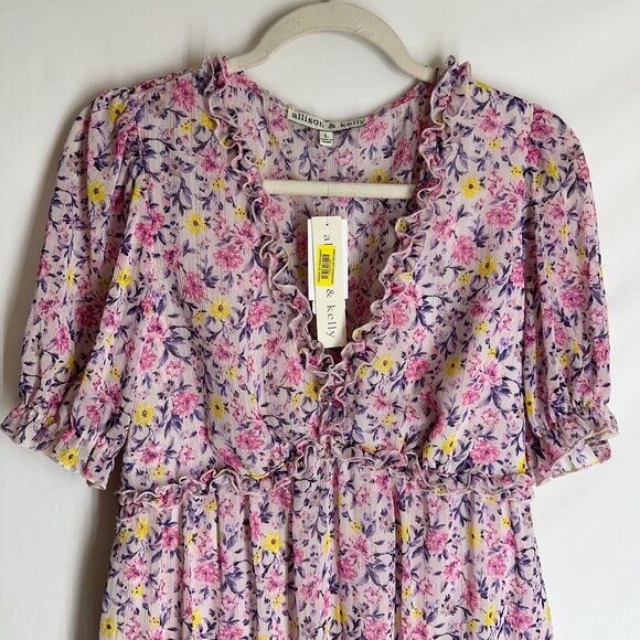 NWT Allison and Kelly Purple Pink Floral Mini Tier Dress Short Sleeve V- Neck L - Picture 3 of 13